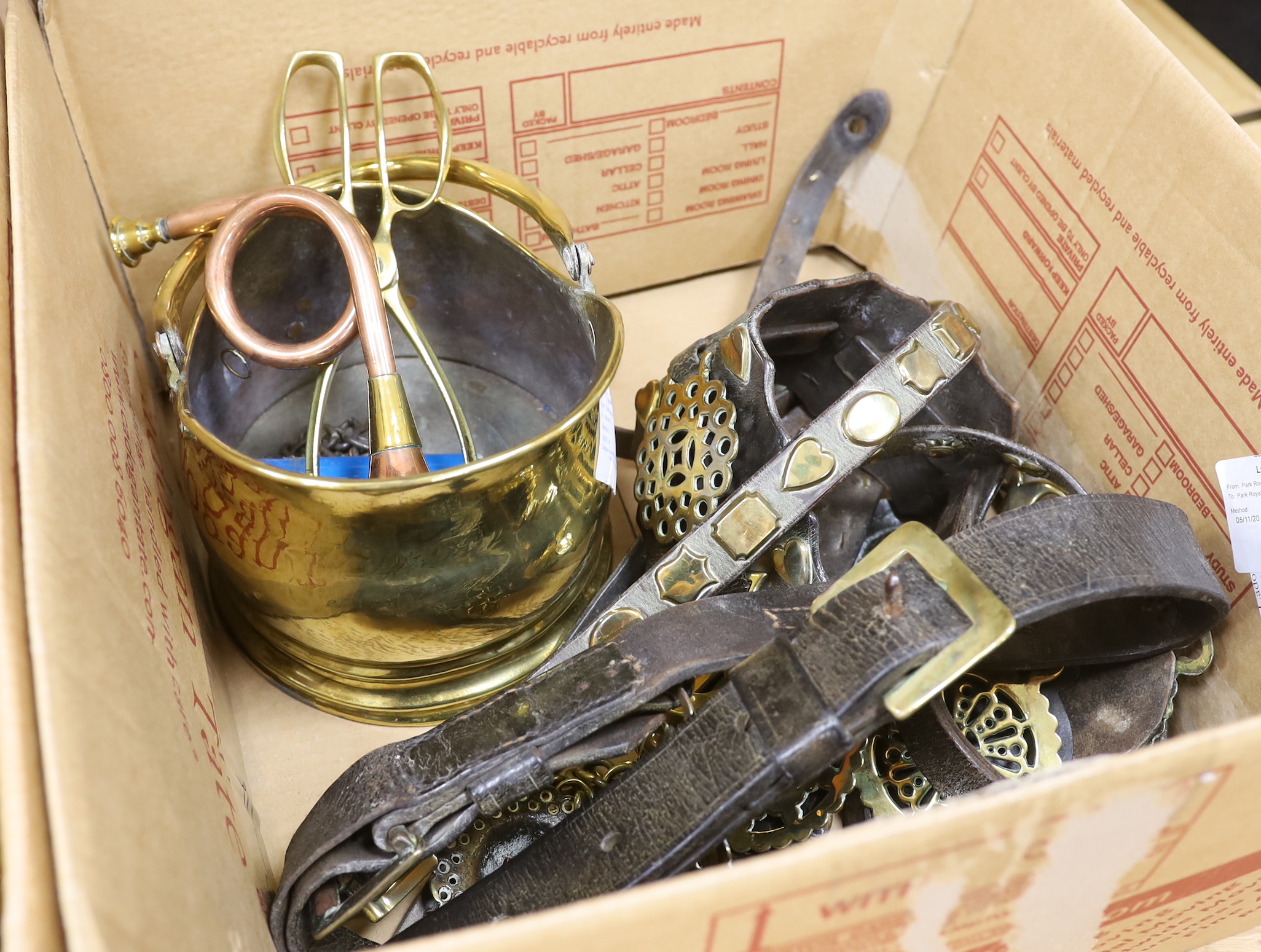 A collection of metalware including a pair of brass planters, a copper kettle